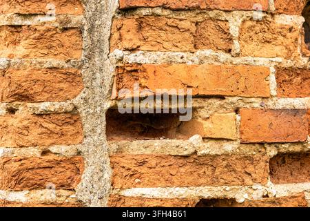 Texture di muro in mattoni rossi rustico con mattoni di argilla irregolari e giunti di malta cementizia ruvida. La vista ravvicinata mostra superfici consumate e naturale C Foto Stock
