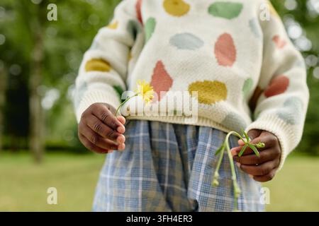 Ragazza afroamericana che tiene fiori selvatici in un parco all'aperto Foto Stock