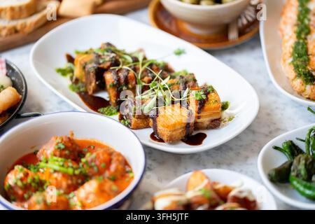 Deliziosa varietà di piatti gourmet presentati magnificamente su un tavolo da pranzo Foto Stock