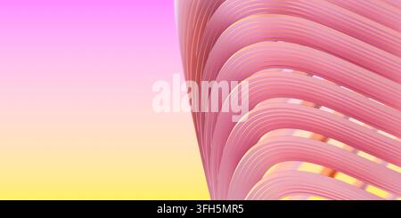 Rendita 3D astratta di linee d'onda curve rosa pastello su uno sfondo sfumato rosa e giallo. Sfondo geometrico moderno minimalista. Foto Stock
