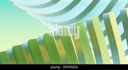 Rappresentazione 3D minimalista moderna di linee d'onda curve verdi e gialle con sfondo pastello sfocato. Foto Stock