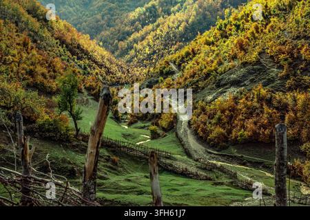 Strada sterrata sinuosa attraverso una valle verde tra colline boschive autunnali, recinto di legno in primo piano. Kalivac, Krahes, Tepelene, Albania, Europa Foto Stock
