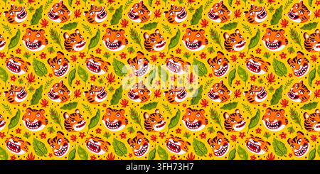 Modello asiatico senza cuciture con volti di tigri sorridenti su sfondo giallo. Trascina nel pannello campioni per utilizzare Illustrazione Vettoriale