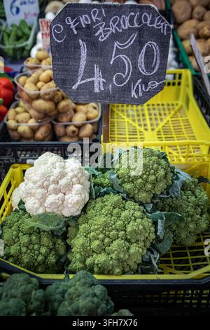 Selezione di romanesco verde fresco e colorato e teste di cavolfiore bianco appena raccolte su un banco di un mercato contadino, Ventimiglia, Italia Foto Stock