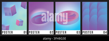 Una collezione di quattro poster moderni con elementi geometrici 3D come cubi e forme circolari con una sfumatura liscia e vibrante di viola e blu Illustrazione Vettoriale