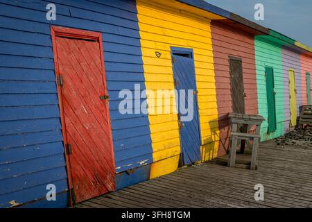 Capannoni da pescatore dipinti di colori vivaci sul molo, St. Anthony Bight, Terranova e Labrador Foto Stock