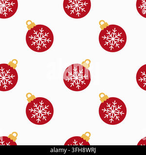 Motivo di palline di Natale rosse, ornamenti decorati con fiocchi di neve, campo bianco, ripetizione vettoriale senza cuciture. I motivi rotondi ripetuti creano un ritmo invernale nitido Illustrazione Vettoriale
