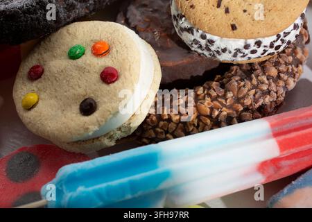 Una vista di un mucchio di paletas e sandwich di gelato ai biscotti. Foto Stock