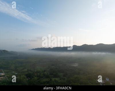 Vista aerea della nebbia mattutina che si muove attraverso una lussureggiante valle tropicale sotto una cresta montuosa boscosa, creando un paesaggio naturale tranquillo per i viaggi Foto Stock