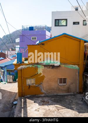 Vista delle case colorate del villaggio culturale di Gamcheon con pareti vivaci gialle e viola, texture consumate e vicoli stretti a Busan, Busan, S Foto Stock