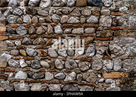 Vista ravvicinata di un muro di muratura invecchiato costruito con pietre irregolari, frammenti di mattoni e malta, che fornisce una trama architettonica dettagliata e una malta naturale Foto Stock