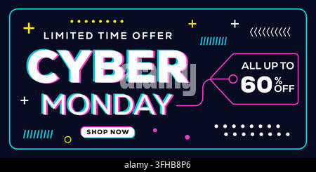 Design di banner orizzontale per la vendita di Cyber Monday in stile glitch neon Illustrazione Vettoriale