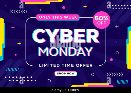Sfondo banner paesaggio Cyber Monday Sale stile moderno tecnologico Illustrazione Vettoriale