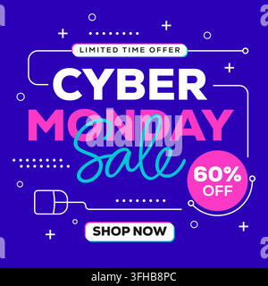 Banner quadrato per post sui social media per la vendita del Cyber Monday, vettore neon Illustrazione Vettoriale