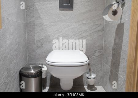 Toilette elegante a parete centrata in un bagno dalle piastrelle grigie e moderne, che mostra standard professionali di architettura e igiene per residenze raffinate Foto Stock