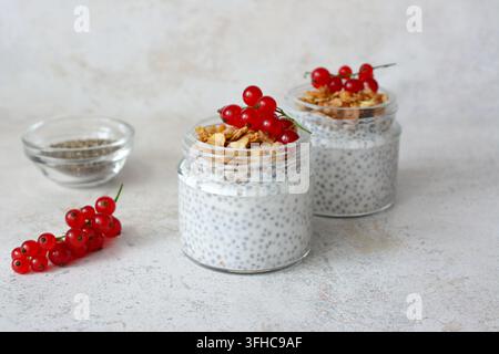 Barattoli di budino di chia con granola e ribes rossi su superficie ruvida Foto Stock
