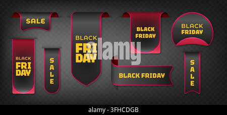 Etichette per sconti del Black Friday con etichette e nastri. Collezione di adesivi 3D premium con simboli di prezzo rotondi ed elementi promozionali su sfondo scuro trasparente. Banner e badge neri e rossi Illustrazione Vettoriale