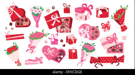 Scatole regalo romantiche isolate su sfondo bianco. Illustrazione vettoriale in stile cartone animato di pacchetti quadrati, rotondi e a forma di cuore per cioccolatini e regali di compleanno, elementi di design per promozioni di San Valentino Illustrazione Vettoriale