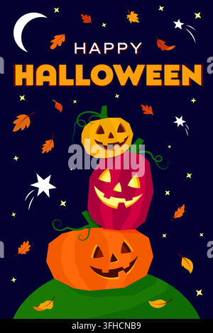 Biglietto di auguri di Halloween felice con zucche di jack-o-lantern intagliate Illustrazione Vettoriale