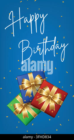 Biglietto di auguri verticale per compleanno con scatole regalo, fiocchi dorati e coriandoli su sfondo blu, design festivo per celebrazioni Illustrazione Vettoriale