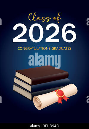 Banner di laurea della classe 2026 con libri e diploma su sfondo blu. Illustrazione vettoriale elegante di educazione accademica Illustrazione Vettoriale
