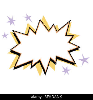 Cornice a forma di stella per fumetto con esplosione frastagliata, contorno nero ruvido e tratto interno pesca su accenti gialli e stelle viola. Esplosione grafica Illustrazione Vettoriale