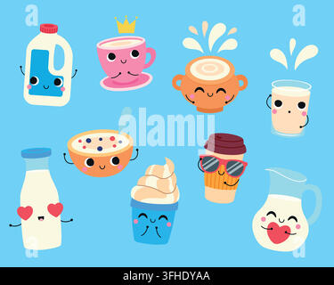 Simpatici personaggi del latte illustrazione vettoriale con emoticon di prodotti caseari isolati su sfondo blu Illustrazione Vettoriale