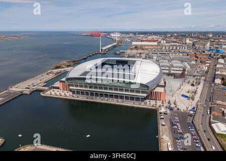 Veduta aerea dell'Hill Dickinson Stadium, casa dell'Everton FC, Liverpool, Regno Unito. Foto Stock