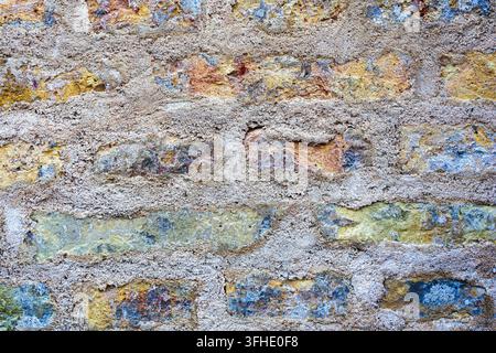Muro di mattoni deteriorato con malta ruvida, che crea una texture di sfondo astratta e robusta Foto Stock