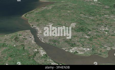 Illustrazione aerea obliqua in 3D di Liverpool, Regno Unito, che mostra la città e il paesaggio circostante alla luce del primo mattino. - Fotomontaggio Foto Stock