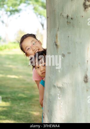 Due adorabili sorelle asiatiche che giocano a nascondino dietro un grosso tronco d'albero nel parco, sorridendo e sbirciando la fotocamera, infanzia gioiosa all'aperto estate a Foto Stock