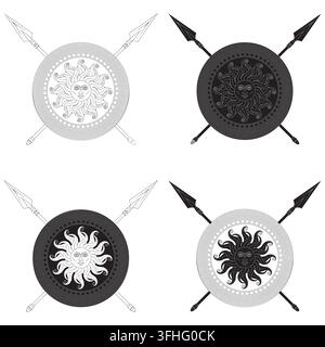 Grafica di uno scudo greco con sole ardente e lance incrociate, in scala di grigi con tracciato esterno spesso e contrasto nitido per composizioni moderne. Illustrazione Vettoriale