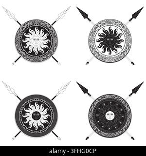 Grafica di uno scudo greco con sole ardente e lance incrociate, in scala di grigi con tracciato esterno spesso e contrasto nitido per composizioni moderne. Illustrazione Vettoriale