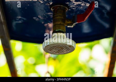 Prima di un semplice soffione da doccia da giardino con una manopola a valvola a sfera rossa su uno sfondo di fogliame verde soleggiato, impianto idraulico rustico di cottage estivo Foto Stock