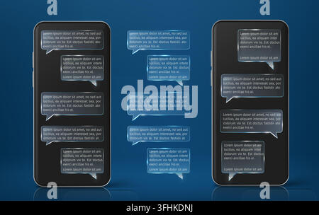 Display per smartphone con interfaccia di chat moderna. Illustrazione vettoriale realistica di un mockup di gadget con conversazione di messaggistica sullo schermo, bolle di testo e design elegante della finestra di dialogo per l’applicazione mobile Illustrazione Vettoriale