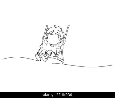 Disegno lineare minimalista di un'altalena che raffigura un bambino felice che gioca all'aperto Ideale per progetti di design grafico minimale Illustrazione Vettoriale