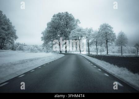 La neve copre il terreno e gli alberi su entrambi i lati di una strada tortuosa in un paesaggio desolato. La scena è stata catturata utilizzando un filtro a infrarossi, migliorando il Foto Stock