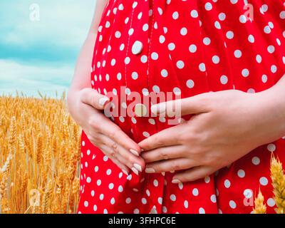 Incinta donna irriconoscibili nella polka dot abito rosso in piedi nel campo di grano e tenendo premuto il suo ventre Foto Stock