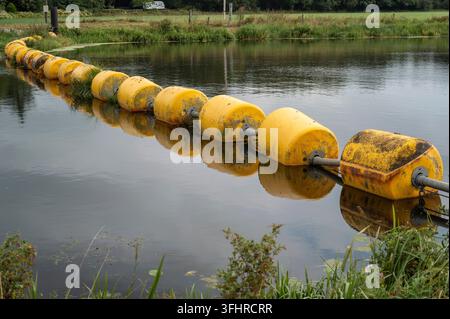 Una fila di boe gialle galleggia sulla superficie di un corpo d'acqua calmo in un ambiente rurale. Erba verde e arbusti incorniciano la scena, creando un paesaggio naturale Foto Stock