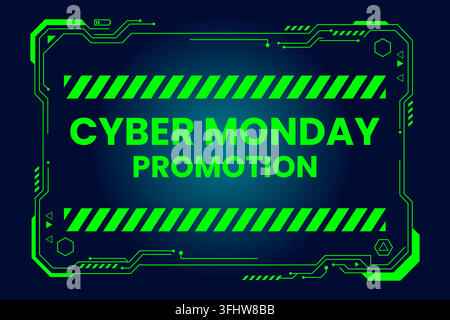 Design futuristico per la promozione del Cyber Monday con cornice HUD tecnologica verde neon e strisce di avvertimento diagonali su sfondo blu scuro Illustrazione Vettoriale