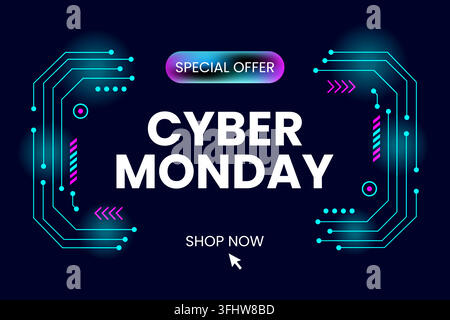 Banner della vendita del Cyber Monday con design futuristico di circuito elettrico ed elementi digitali Illustrazione Vettoriale