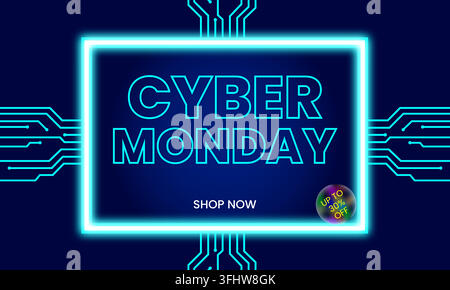 Banner di vendita del Cyber Monday con cornice al neon luminosa e design di sfondo con circuito stampato digitale Illustrazione Vettoriale
