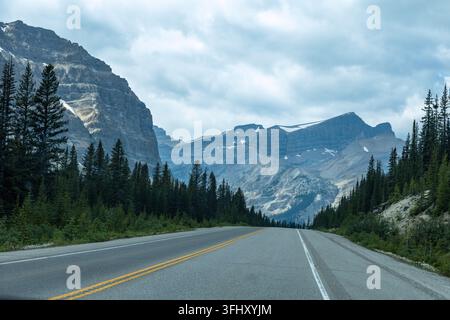 Un'autostrada asfaltata si snoda attraverso una fitta foresta sempreverde con maestose montagne rocciose, distretto di miglioramento n. 9 Banff, Alberta, Canada Foto Stock