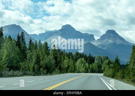 Strada di montagna panoramica che si snoda attraverso boschi di pini sotto un cielo nuvoloso, Distretto di miglioramento n. 9, Banff, Alberta, Canada Foto Stock
