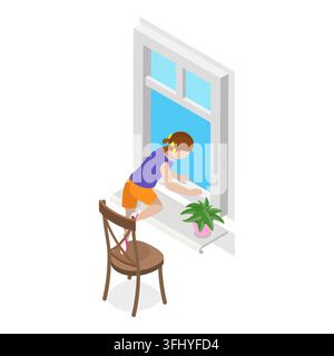 Set piatto isometrico 3D di bambini in situazioni di pericolo, sicurezza dei bambini. Punto 7 Foto Stock