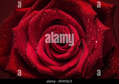 Macro close-up di petali di rosa rossa con texture di gocce d'acqua Foto Stock