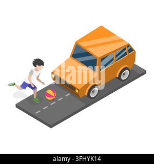 Set piatto isometrico 3D di bambini in situazioni di pericolo, sicurezza dei bambini. Punto 8 Foto Stock