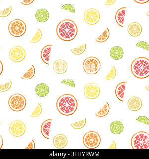 Modello senza cuciture di fette di agrumi colorati tra cui arance, limoni, lime e pompelmo. Design fresco e vibrante perfetto per imballaggi, tessuti, wa Illustrazione Vettoriale