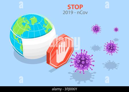 Concetto isometrico 3D di un'epidemia di coronavirus. Foto Stock