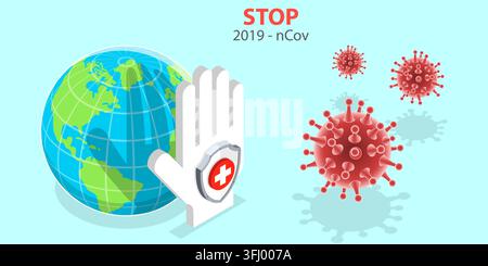 Concetto isometrico 3D di un'epidemia di coronavirus. Foto Stock